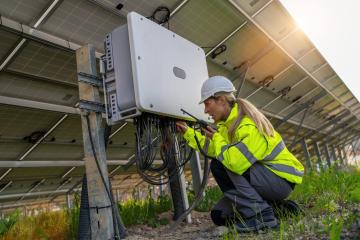 Technician with walkie-talkie checking a distribution box at a solar field. Alternative energy ecological concept image. : Stock Photo or Stock Video Download rcfotostock photos, images and assets rcfotostock | RC Photo Stock.: