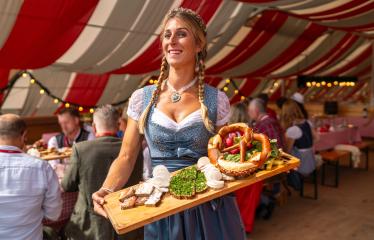 tent, tourism, fresh food presentation, oktoberfest, public event, carnival, braided hair, wooden tray, sliced bread, onions, radishes, cheeses, service, hospitality, european culture, serving food, g- Stock Photo or Stock Video of rcfotostock | RC Photo Stock