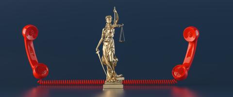 The Statue of Justice - lady justice or Iustitia / Justitia the Roman goddess of Justice, with red telephone receiver as lawyer concept image- Stock Photo or Stock Video of rcfotostock | RC-Photo-Stock