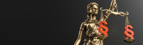 The Statue of Justice - lady justice or Iustitia / Justitia the Roman goddess of Justice with paragraph signs in scale, law concept image, banner size- Stock Photo or Stock Video of rcfotostock | RC-Photo-Stock