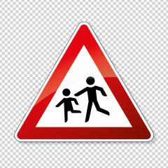 traffic sign playing children. German warning sign about children on the road on checked transparent background. Vector illustration. Eps 10 vector file.- Stock Photo or Stock Video of rcfotostock | RC Photo Stock