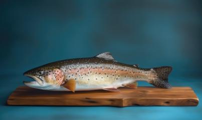 Trout fish on a wooden board against a blue background : Stock Photo or Stock Video Download rcfotostock photos, images and assets rcfotostock | RC Photo Stock.: