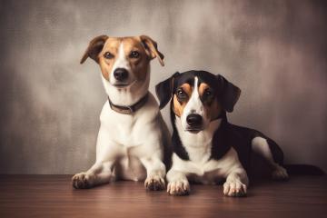 Two attentive dogs, one with a white and tan coat and the other black and tan, sit side by side against a textured backdrop- Stock Photo or Stock Video of rcfotostock | RC Photo Stock
