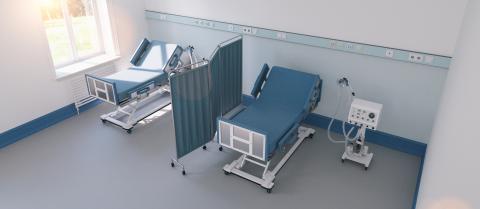 two intensive care beds with ventilators for Covid-19 patients in a double room of a clinic for a coronavirus pandemic- Stock Photo or Stock Video of rcfotostock | RC Photo Stock