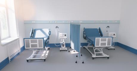 two intensive care beds with ventilators for Covid-19 patients in a double room of a clinic for a coronavirus pandemic- Stock Photo or Stock Video of rcfotostock | RC Photo Stock