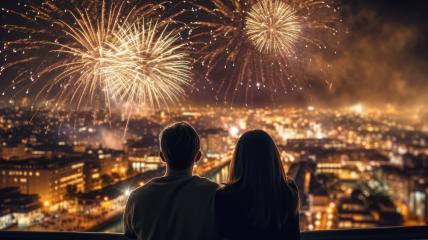 Two people, viewed from behind, are watching a spectacular fireworks display over a cityscape at night, illuminating the sky with brilliant bursts of color- Stock Photo or Stock Video of rcfotostock | RC Photo Stock