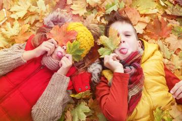 Two playful children lying on colorful autumn leaves, covering their faces with leaves and sticking out their tongues, enjoying the fall season in warm clothes
 : Stock Photo or Stock Video Download rcfotostock photos, images and assets rcfotostock | RC Photo Stock.: