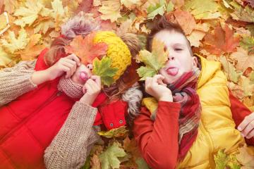Two playful children lying on colorful autumn leaves, covering their faces with leaves and sticking out their tongues, enjoying the fall season in warm clothes : Stock Photo or Stock Video Download rcfotostock photos, images and assets rcfotostock | RC Photo Stock.: