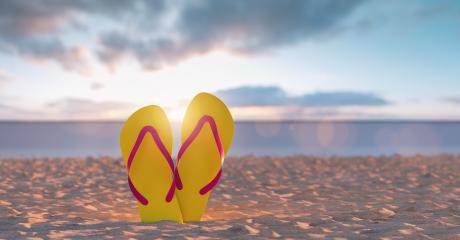 Two yellow flip-flop sandals in the beach against sunset sky in summer- Stock Photo or Stock Video of rcfotostock | RC Photo Stock