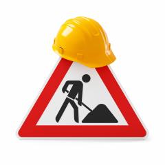 Under construction, road sign and yellow safety helmet, isolated on white background. 3D rendering- Stock Photo or Stock Video of rcfotostock | RC-Photo-Stock