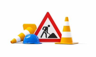 Under construction, road sign, traffic cones and blue safety helmet, isolated on white background. 3D rendering : Stock Photo or Stock Video Download rcfotostock photos, images and assets rcfotostock | RC Photo Stock.: