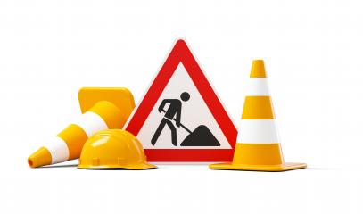 Under construction, road sign, traffic cones and safety helmet, isolated on white background. 3D rendering- Stock Photo or Stock Video of rcfotostock | RC-Photo-Stock