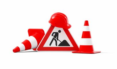 Under construction, road sign, traffic cones and safety helmet, isolated on white background. 3D rendering : Stock Photo or Stock Video Download rcfotostock photos, images and assets rcfotostock | RC-Photo-Stock.: