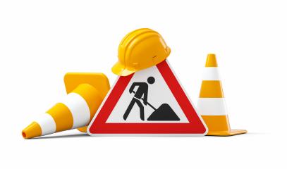Under construction, road sign, traffic cones and safety helmet, isolated on white background. 3D rendering : Stock Photo or Stock Video Download rcfotostock photos, images and assets rcfotostock | RC Photo Stock.: