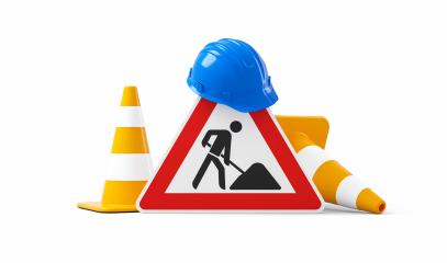 Under construction, road sign, traffic cones and safety helmet, isolated on white background. 3D rendering- Stock Photo or Stock Video of rcfotostock | RC Photo Stock