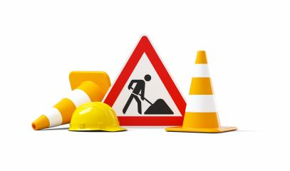 Under construction, road sign, traffic cones and safety helmet, isolated on white background. 3D rendering- Stock Photo or Stock Video of rcfotostock | RC Photo Stock