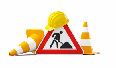 Under construction, road sign, traffic cones and yellow safety helmet, isolated on white background. 3D rendering- Stock Photo or Stock Video of rcfotostock | RC-Photo-Stock