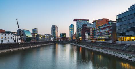 view of the media harbor at sunset in Dusseldorf, germany- Stock Photo or Stock Video of rcfotostock | RC Photo Stock
