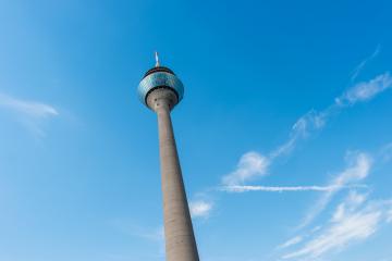 View of the tower Rheinturm of Dusseldorf in Germany Europe- Stock Photo or Stock Video of rcfotostock | RC Photo Stock