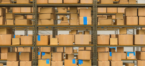 warehouse interior with shelves and cardboard boxes, Packed courier delivery concept image- Stock Photo or Stock Video of rcfotostock | RC Photo Stock