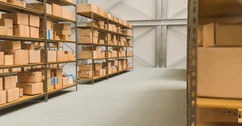 warehouse view with shelves and cardboard boxes, Packed courier delivery concept image- Stock Photo or Stock Video of rcfotostock | RC-Photo-Stock