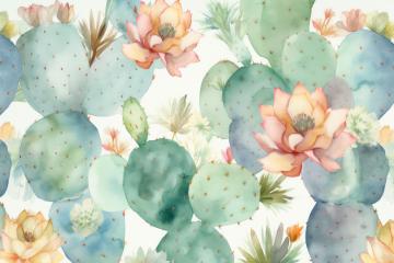 Watercolor pattern of cacti and vibrant succulent blossoms- Stock Photo or Stock Video of rcfotostock | RC Photo Stock