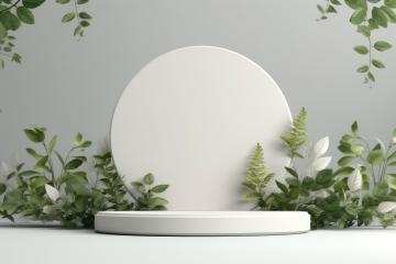 White circular pedestal surrounded by assorted green plants- Stock Photo or Stock Video of rcfotostock | RC Photo Stock