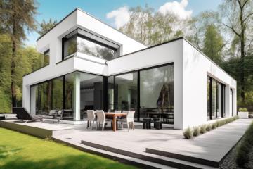 White contemporary house amidst green trees with a spacious patio- Stock Photo or Stock Video of rcfotostock | RC Photo Stock