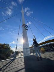 Woman in a gray cardigan and jeans stands on a bridge, reaching up towards a colorful horse emblem on a pole, with a bright sun, blue sky, and modern building in the background
- Stock Photo or Stock Video of rcfotostock | RC Photo Stock