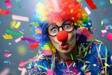 woman with carnival mask, red nose and fashion style. confetti pieces and ribbon Falling in colorful colors : Stock Photo or Stock Video Download rcfotostock photos, images and assets rcfotostock | RC Photo Stock.: