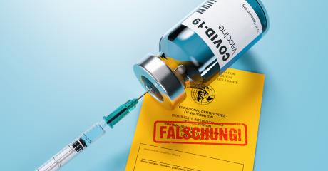 yellow international certificate of vaccination with letters fälschung ( German for: Fake or forged ) and syringe and vial Vaccine concept - 3D illustration- Stock Photo or Stock Video of rcfotostock | RC Photo Stock