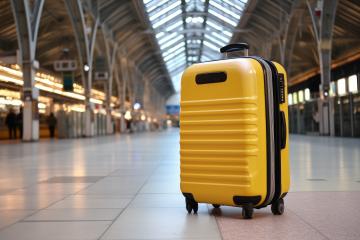 Yellow suitcase with digital lock in a modern airport terminal- Stock Photo or Stock Video of rcfotostock | RC Photo Stock