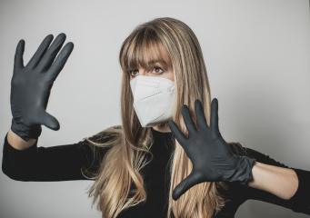 young, blond beautiful woman puts ffp2 protective mask on with protective medical gloves for protection against corona : Stock Photo or Stock Video Download rcfotostock photos, images and assets rcfotostock | RC Photo Stock.: