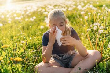 young girl sitting in a sunny field full of dandelions, holding a handkerchief to her face, showing signs of allergy to pollen and grasses in spring. The sun is shining brightly on spring day : Stock Photo or Stock Video Download rcfotostock photos, images and assets rcfotostock | RC Photo Stock.:
