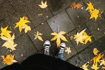 Young woman standing in autumn leaves on the sidewalk, personal pespective from above.- Stock Photo or Stock Video of rcfotostock | RC-Photo-Stock