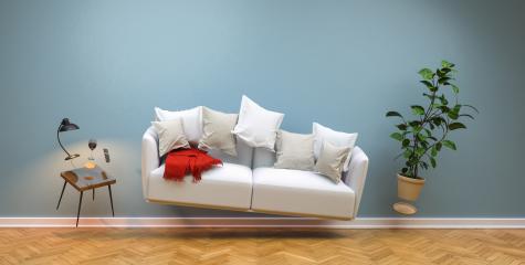 Zero Gravity Sofa hovering in living room with furniture- Stock Photo or Stock Video of rcfotostock | RC Photo Stock
