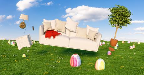 Zero Gravity Sofa hovering over many colorful painted Easter eggs on a meadow with furniture at sunset- Stock Photo or Stock Video of rcfotostock | RC-Photo-Stock
