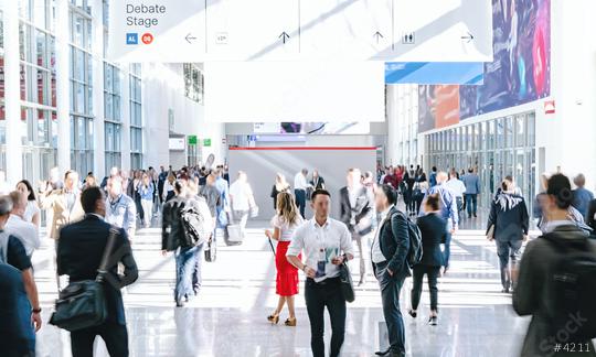 crowd of trade fair visitors walking in a clean futuristic corridor  : Stock Photo or Stock Video Download rcfotostock photos, images and assets rcfotostock | RC Photo Stock.: