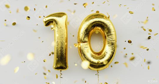 10 Years Old Gold Balloons Number 10th Anniversary Happy Birthday Congratulations With Falling Confetti On White Background Stock Photo And Buy Images At Rcfotostock This Photo And Find More Royalty Free Stock Photos