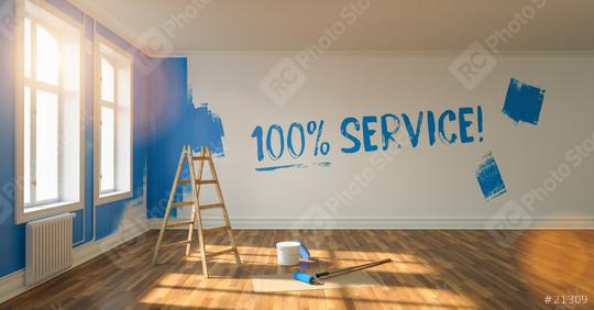 100% service written on wall with blue paint during renovation, with ladder and paint bucket    : Stock Photo or Stock Video Download rcfotostock photos, images and assets rcfotostock | RC Photo Stock.: