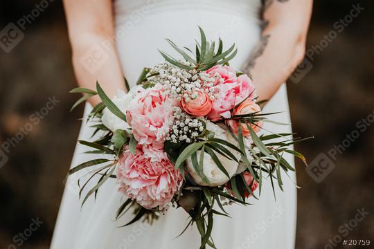 A bride with white dress is holing a wedding bouquet of pink and green flowers. Close up. Wedding day.  : Stock Photo or Stock Video Download rcfotostock photos, images and assets rcfotostock | RC Photo Stock.: