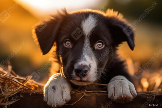 A close-up of a black and white puppy with deep, expressive eyes peering over a wooden log, surrounded by golden-hued lighting and straw in the background  : Stock Photo or Stock Video Download rcfotostock photos, images and assets rcfotostock | RC Photo Stock.: