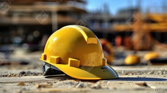 A close-up of a yellow safety helmet on a construction site, with blurred scaffolding and equipment in the background  : Stock Photo or Stock Video Download rcfotostock photos, images and assets rcfotostock | RC Photo Stock.: