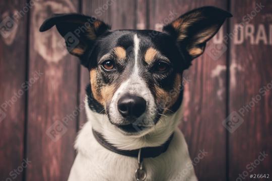 A close-up portrait of a tricolored dog with an intense gaze, set against a rustic wooden background with faintly visible letters  : Stock Photo or Stock Video Download rcfotostock photos, images and assets rcfotostock | RC Photo Stock.: