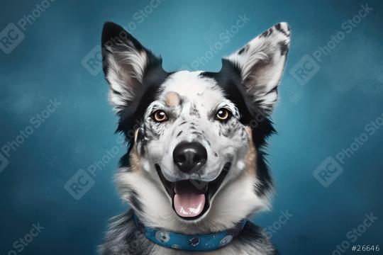 A close-up portrait of a vibrant dog with patchy fur colors, a bright blue collar, and a joyful expression against a teal background  : Stock Photo or Stock Video Download rcfotostock photos, images and assets rcfotostock | RC Photo Stock.: