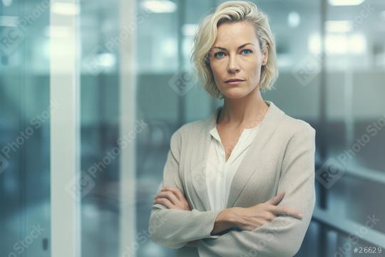 A confident woman in a beige blazer stands in a modern office setting with glass partitions  : Stock Photo or Stock Video Download rcfotostock photos, images and assets rcfotostock | RC Photo Stock.: