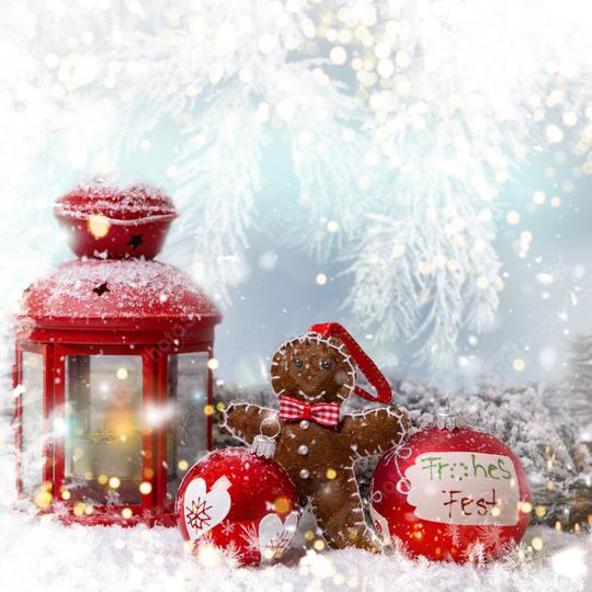 A festive scene featuring a red lantern, a gingerbread figure, red Christmas ornaments, and snow-covered branches, with sparkling lights creating a magical holiday atmosphere.  : Stock Photo or Stock Video Download rcfotostock photos, images and assets rcfotostock | RC Photo Stock.: