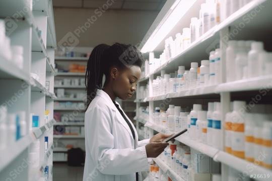 A focused African-American female pharmacist in a white lab coat browses through medicines on shelves, using a digital tablet  : Stock Photo or Stock Video Download rcfotostock photos, images and assets rcfotostock | RC Photo Stock.: