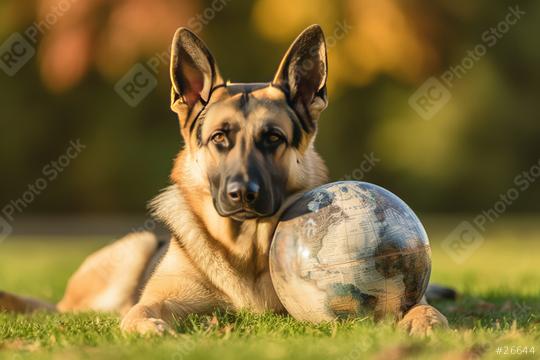 A German Shepherd dog lies gracefully on a sunlit grassy ground, gazing intently at the viewer, with a detailed globe nestled beside it, illuminated by the golden light  : Stock Photo or Stock Video Download rcfotostock photos, images and assets rcfotostock | RC Photo Stock.: