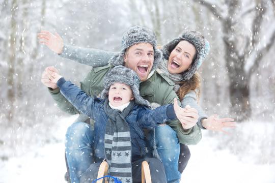 A joyful family sledding in a snowy winter forest, wearing warm hats and jackets, laughing and celebrating together, surrounded by falling snowflakes in a magical outdoor setting  : Stock Photo or Stock Video Download rcfotostock photos, images and assets rcfotostock | RC Photo Stock.: